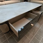 White Marble-Top Coffee Table with Cream Woven Leather Sides and Dark Glossy Frame